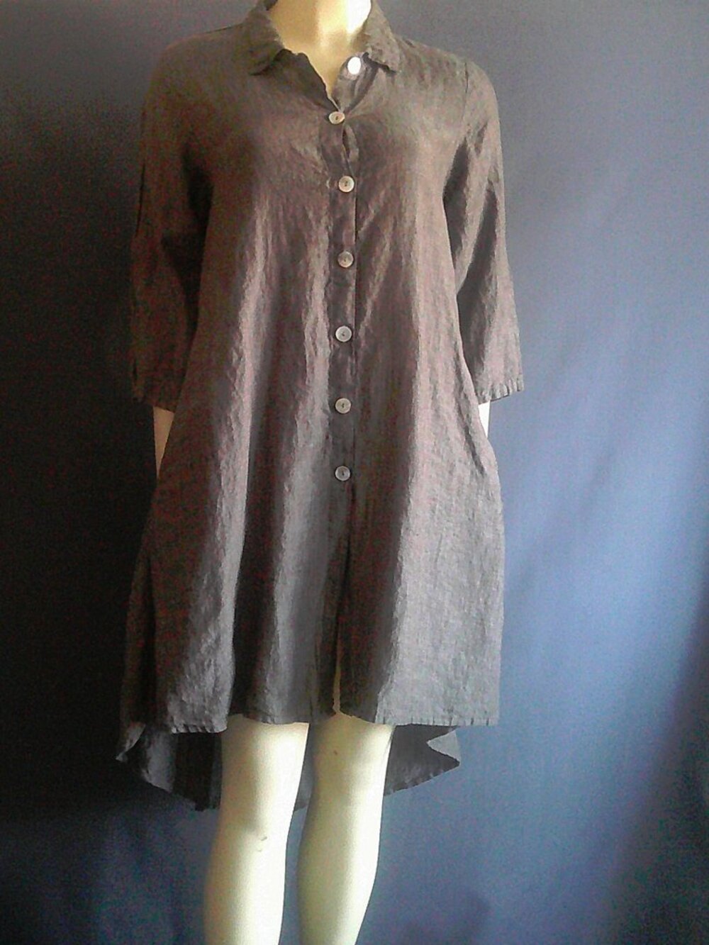 Match Point Charcoal Gray 100% Linen Hi Low Tunic Shirt Dress Sm